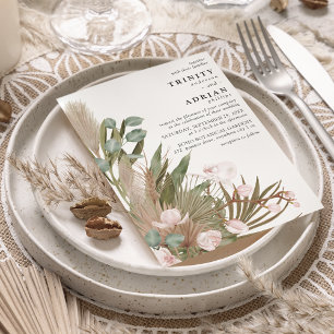 Invitación Boda Boho Orquídeas Rosadas Hojas Secas con Pampas