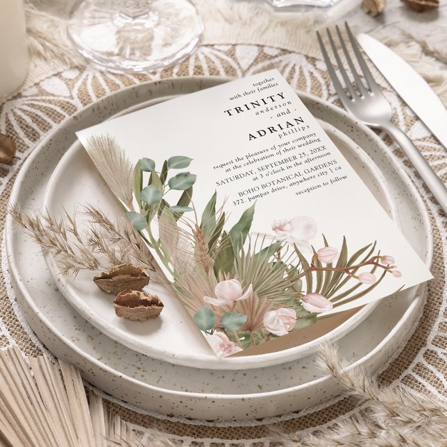 Invitación Boda Boho Orquídeas Rosadas Hojas Secas con Pampas (Subido por el creador)