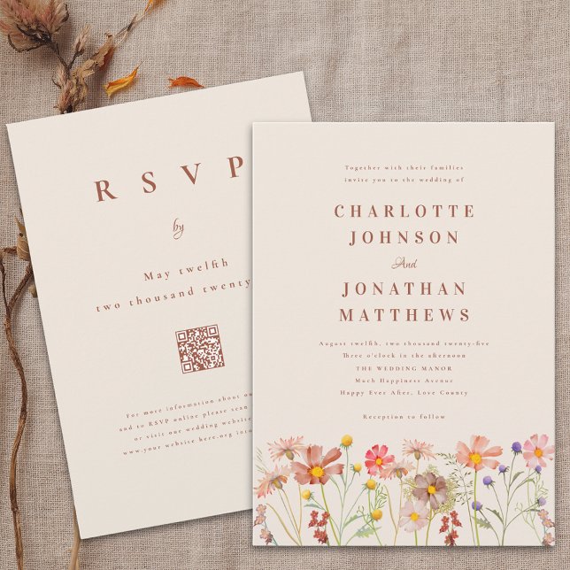 Invitación Boda Boho Otoño Flores Silvestres Terracota Beige (Wildflower floral terracotta beige boho fall Wedding qr code invitation Watercolor meadow flowers)