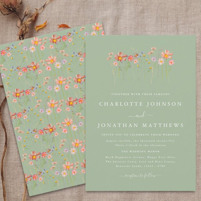 Invitación Boda Boho Otoño Flores Silvestres Verde Salvia (Boho fall Wildflower meadow floral sage green Wedding Invitation Elegant modern script terracotta )