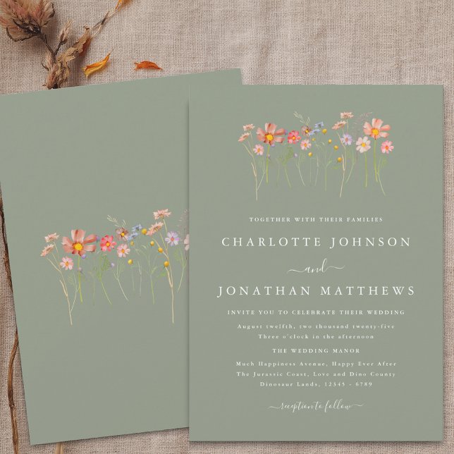 Invitación Boda Boho Otoño Flores Silvestres Verde Salvia (Wildflower boho fall floral sage green Wedding invitation Watercolor meadow flowers elegant modern)