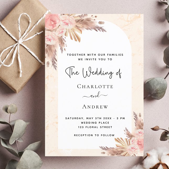 Invitación Boda boho pampas hierba rosa oro rubor (Subido por el creador)
