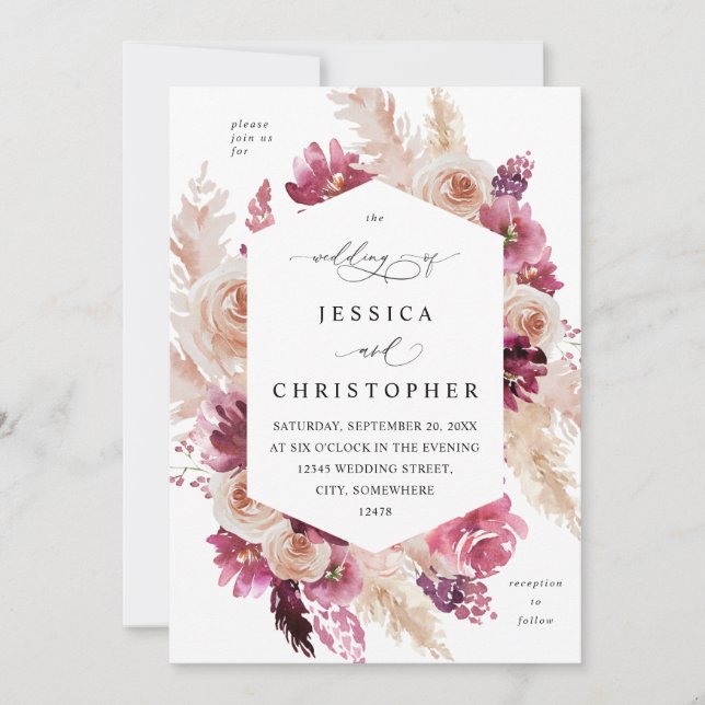 Invitación Boda Boho Pampas Rosa (Anverso)