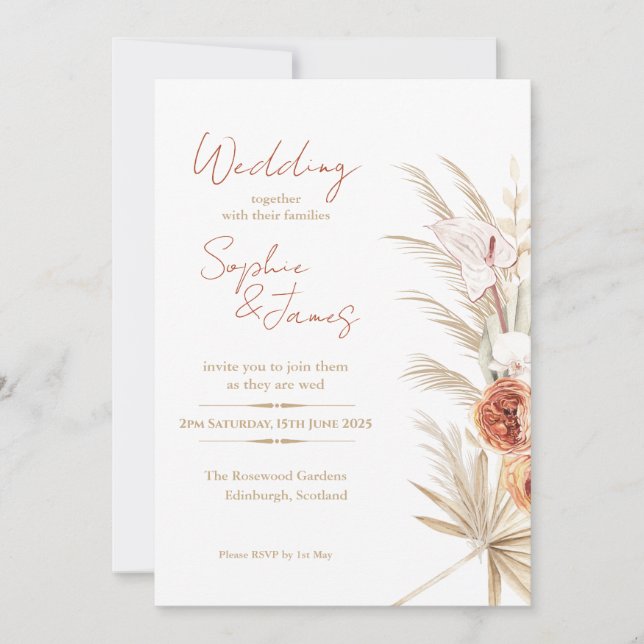 Invitación Boda Boho Pampas Rosa Melocotón Palma Tropical (Anverso)