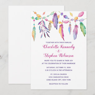 Invitación Boda Boho Pluma Púrpura Nativo Americano Indio