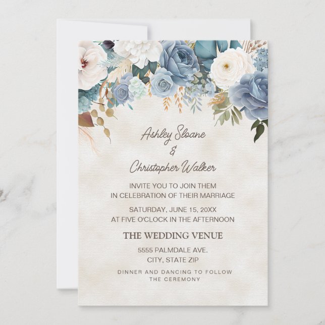 Invitación Boda Boho Polvo Azul Blanco Flores Crema (Anverso)