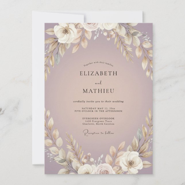 Invitación Boda Boho Polvo de Ciruela Frondosa (Anverso)