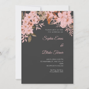 Invitación Boda Boho Rosa Floral Invierno Gris Sombra