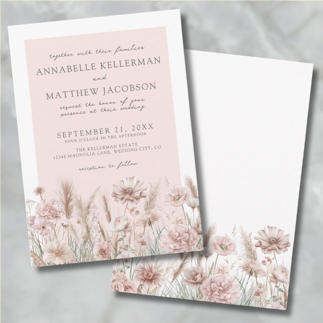 Invitación Boda Boho Rosa Floral Rubor (Botanical Pampas Floral Blush Pink Boho Wedding Invitation)