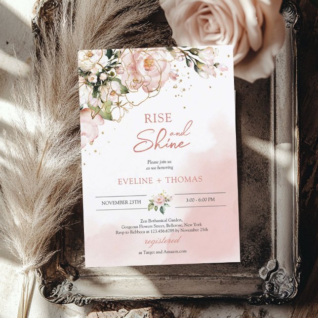Invitación Boda boho rosa sonrojo floral dorado rise and shin (Boho blush pink floral gold rise and shine wedding invitation)
