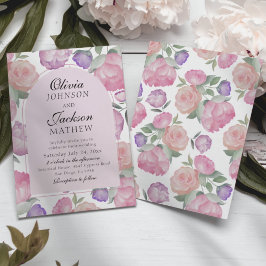 Invitación Boda Boho Rosa y Floral Púrpura Acuarela