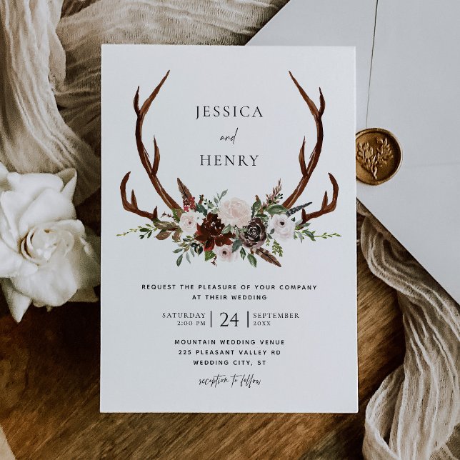 Invitación Boda Boho Rustic Floral Antlers (Subido por el creador)