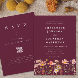 Invitación Boda Boho Rustic Wildflower Burgundy