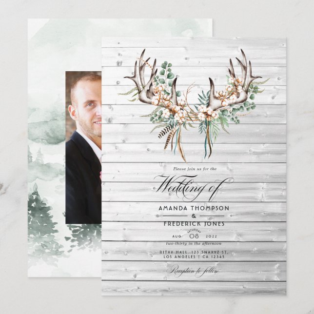 Invitación Boda Boho Rústica de Algodón y Eucalipto (Anverso / Reverso)