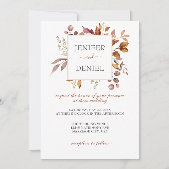 Invitación Boda Boho Rústica de Otoño con Hojas de Otoño (Anverso)