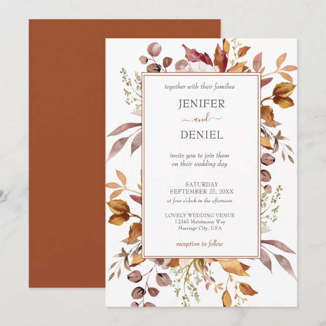 Invitación Boda Boho Rústica de Otoño de Hojas de Otoño (Anverso / Reverso)