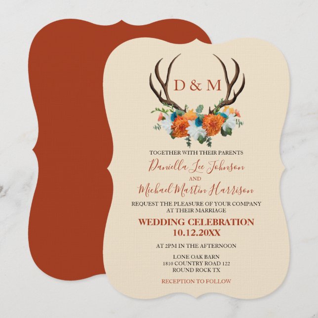 Invitación Boda BOHO Rústico Floral Antlers (Anverso / Reverso)