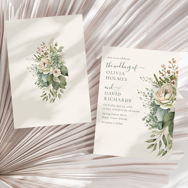 Invitación Boda Boho Sage Green y Ivory Widlflowers (Boho Sage Green and Ivory Widlflowers Wedding Invitation on a sunny white dry palm leaf.)