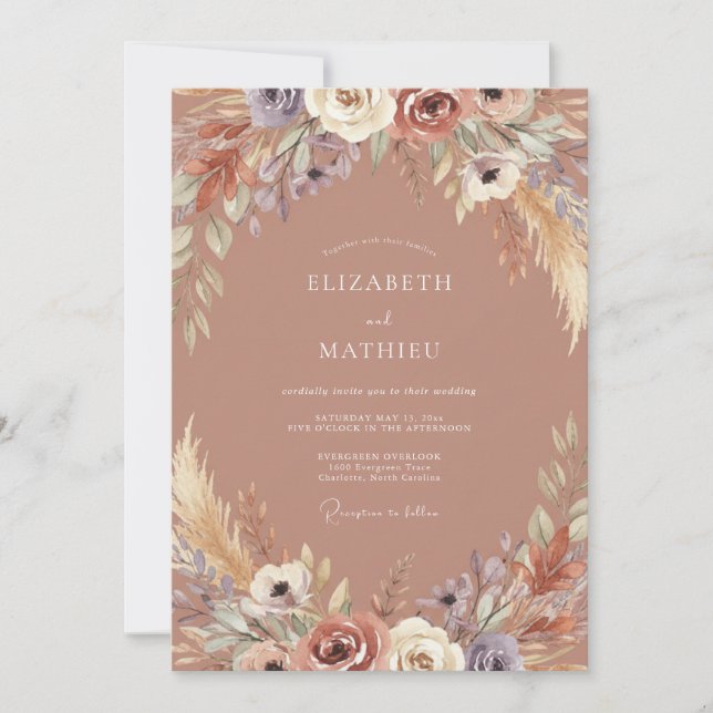 Invitación Boda Boho Sage Pampas de Terracota (Anverso)