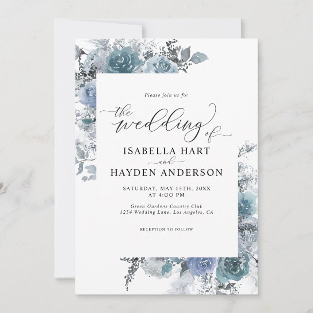 Invitación Boda Boho Slate Floral Dusty Blue Pastel (Anverso)