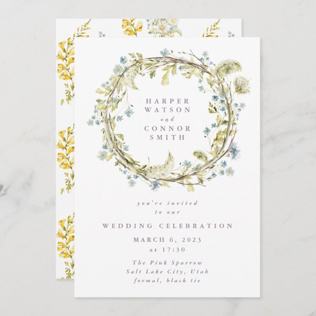 Invitación Boda Boho Spring Wreath Wildflower Pampas (Anverso / Reverso)
