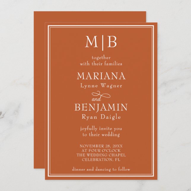 Invitación Boda Boho Terracotta de la frontera moderna Minima (Anverso / Reverso)
