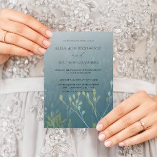 Invitación Boda Boho Verde Azul y Amarillo con Hojas Prensada