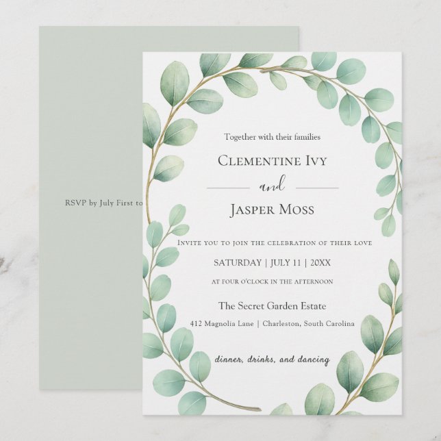 Invitación Boda Boho Verde Sálvia Botánica Eucalipto (Anverso / Reverso)