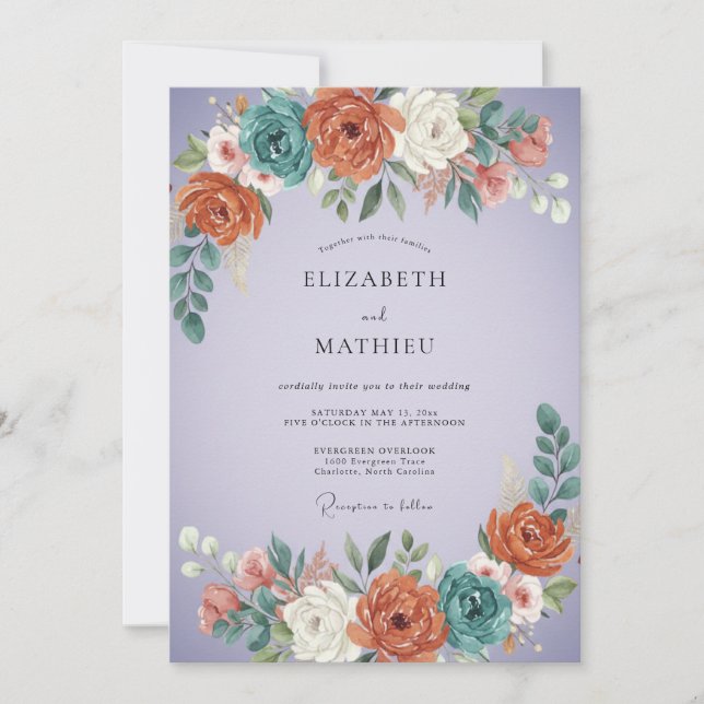 Invitación Boda Boho Vibrante de Lavanda (Anverso)