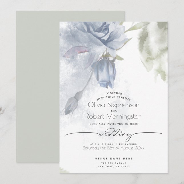 Invitación BODA | Boho Watercolor Dusty Blue Rosa (Anverso / Reverso)