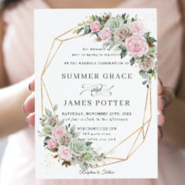 Invitación Boda BohoChic Pink Brown Sage Green Floral Gold