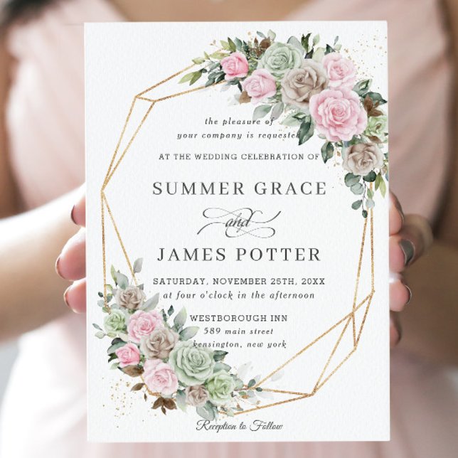 Invitación Boda BohoChic Pink Brown Sage Green Floral Gold (Subido por el creador)