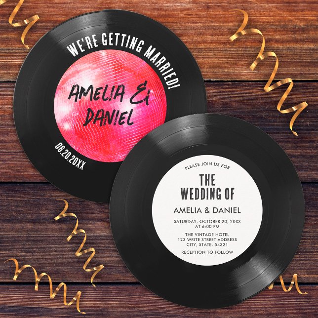 Invitación Boda Bola de Disco Rosa Disco de Vinilo Blanco Neg (Front and Back)