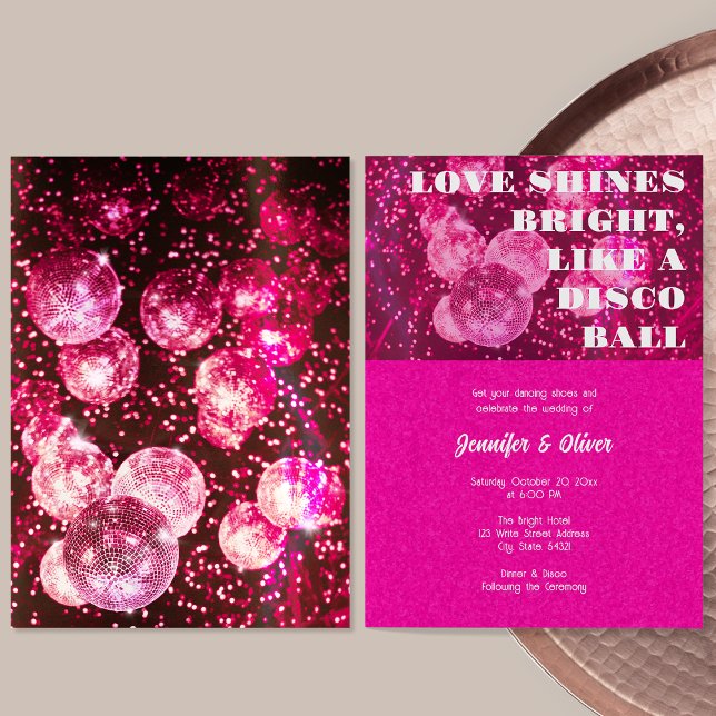 Invitación Boda Bola de Discoteca Retro Brillo Rosa Chic (Front and Back)