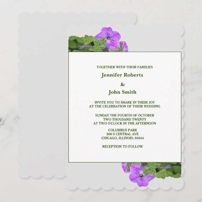 Invitación Boda Bonita Gris Violeta Verde Floral Púrpura (Anverso / Reverso)