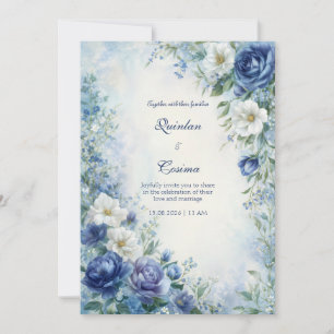 Invitación Boda Borde de Acuarela Agua Brumosa Rosa Índigo