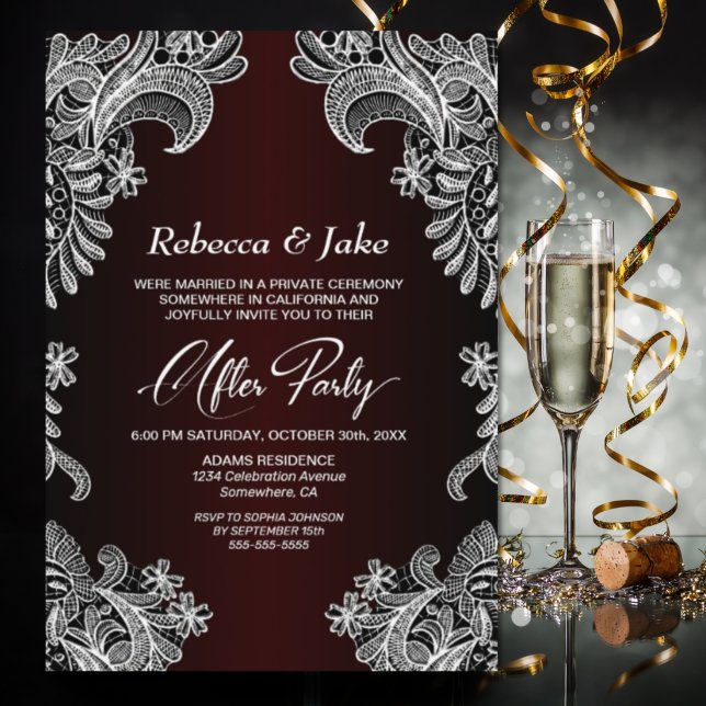 Invitación Boda Borgoña De Lace Blanca Después De Fiesta (Subido por el creador)
