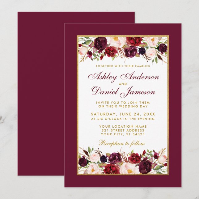 Invitación Boda Borgoña Floral Elegante Oro Blanco (Anverso / Reverso)
