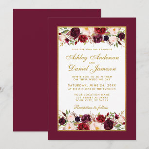 Invitación Boda Borgoña Floral Oro Blanco Elegante