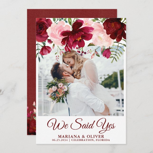 Invitación boda Borgoña Floral rosa (Anverso / Reverso)