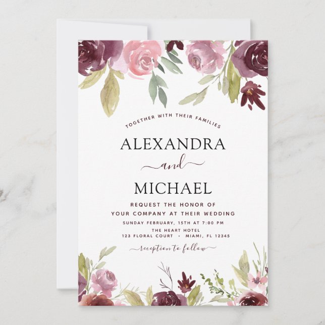 Invitación Boda Borgoña Rosa Moderno Elegante Floral (Anverso)