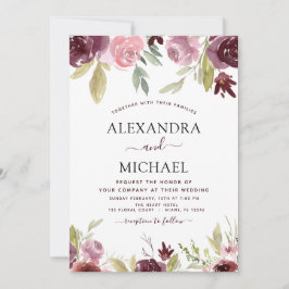 Invitación Boda Borgoña Rosa Moderno Elegante Floral