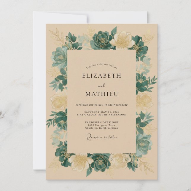 Invitación Boda boscosa azul verdoso (Anverso)