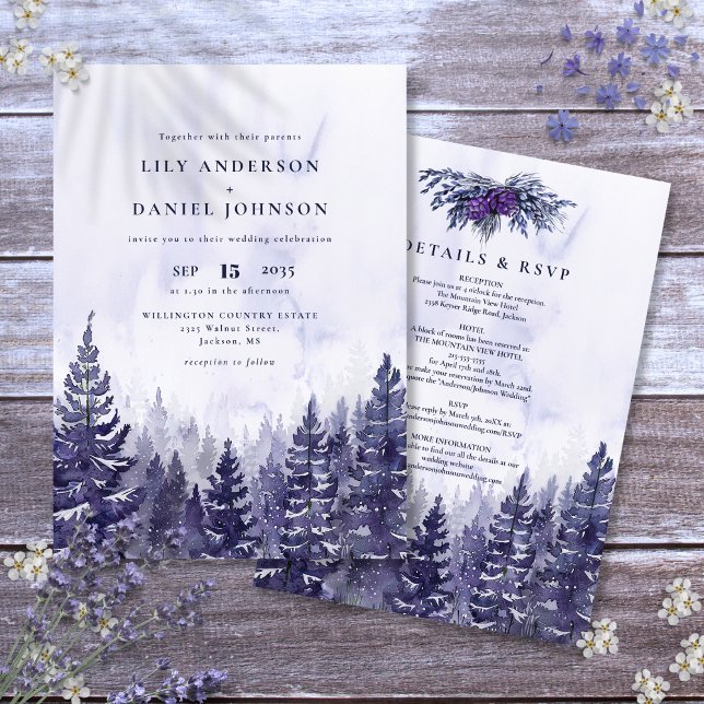 Invitación Boda Bosque de Pino Morado Acuarela Rústica (Rustic Watercolor Purple Pine Tree Forest Wedding Invitation)