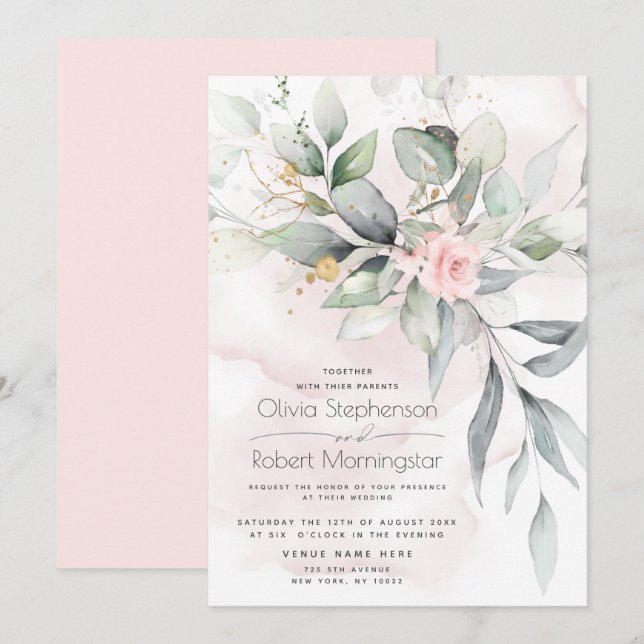 Invitación Boda | Bosque de vegetación Boho Rosa (Anverso / Reverso)