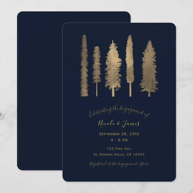 Invitación Boda Bosque Dorado y Azul Oscuro Árboles Boscosos (Anverso / Reverso)