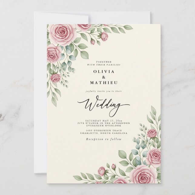 Invitación Boda Bosque Floral Rosa Polvo (Anverso)