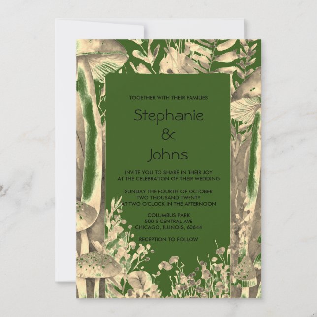 Invitación Boda Bosque Green Gold Artsy Mushroom Woodland (Anverso)
