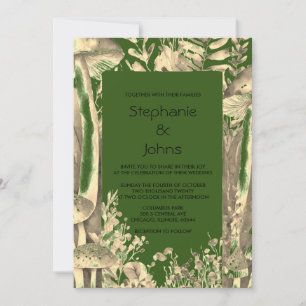 Invitación Boda Bosque Green Gold Artsy Mushroom Woodland