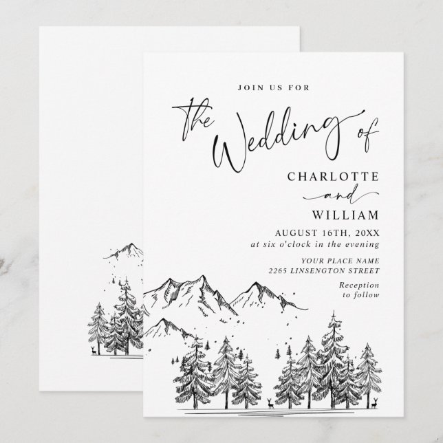 Invitación Boda bosque montañas dibujadas a mano (Anverso / Reverso)